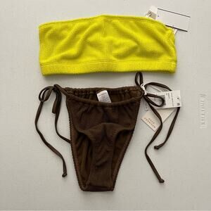 NWT Good American Crinkle Neon Yellow & Brown Tiny Ties Swimsuit Bikini